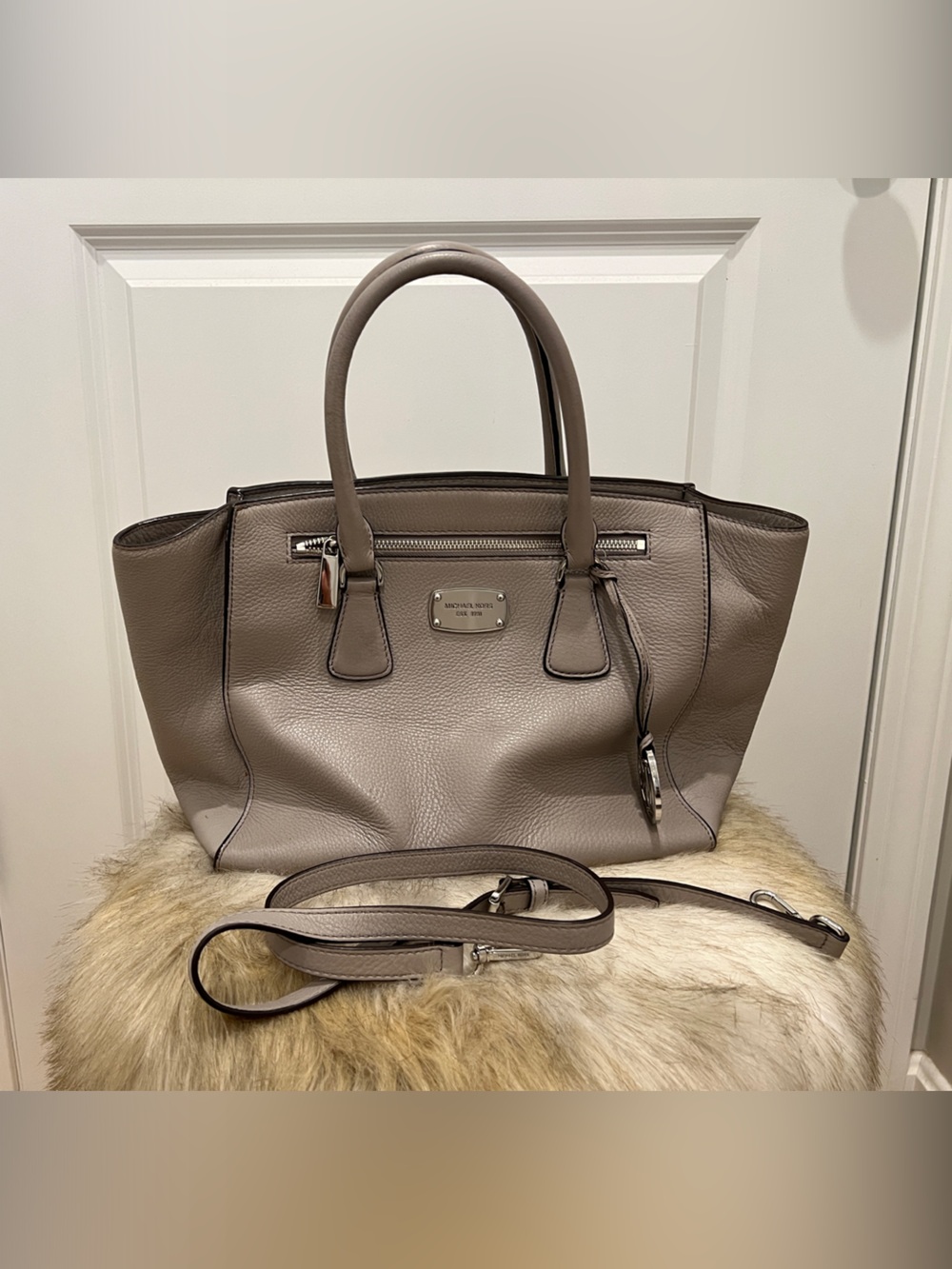 Michael Kors Pebbled Leather Tote in Taupe Gray with Detachable Strap